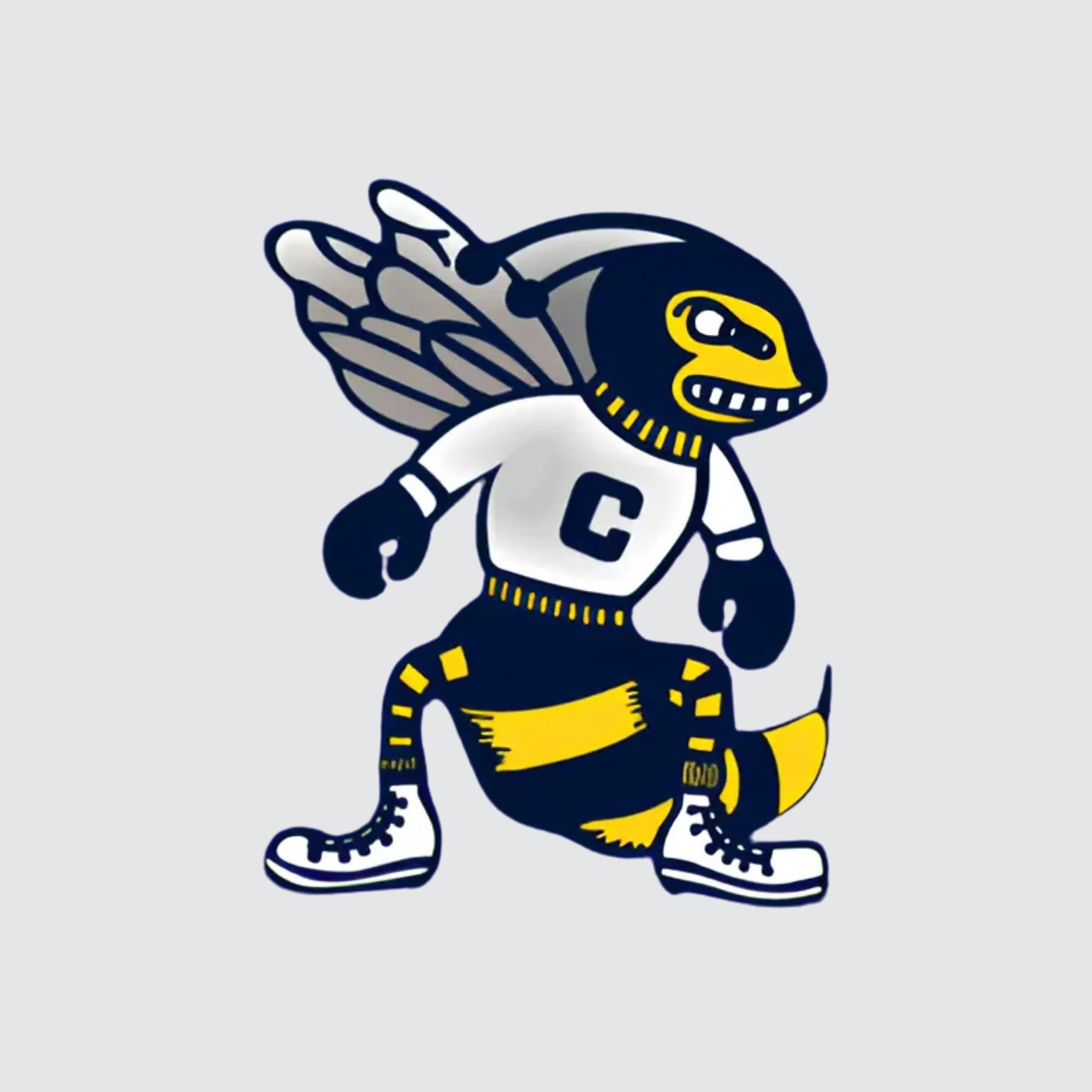Anthropomorphic cartoon creature with a bee/wasp face, wings, wearing a white shirt with a 'C', black shorts with yellow stripes, sneakers, and gloves.