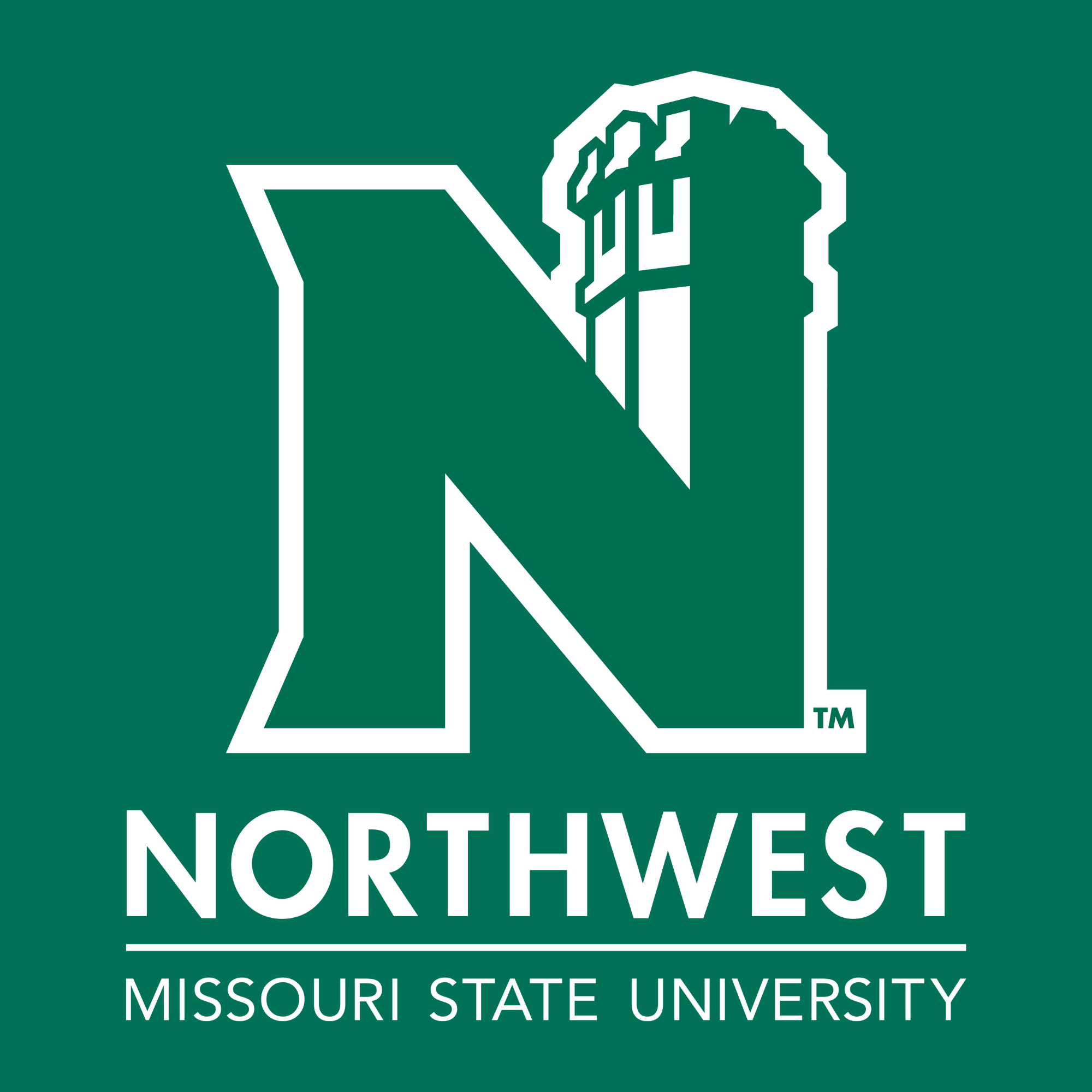 Northwest Missouri State University logo featuring a large "N" with a beer mug on top, green background, and white text.