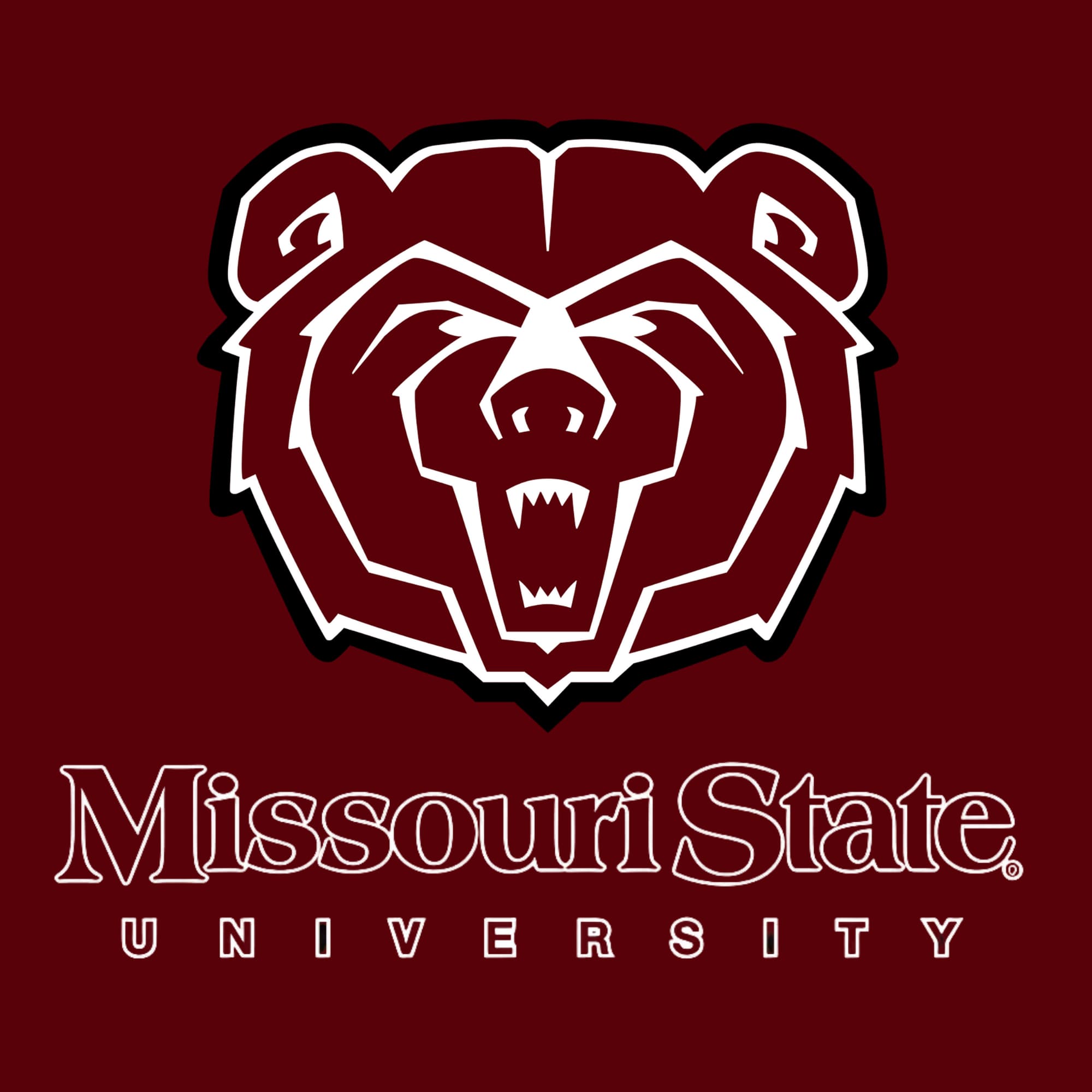 Missouri State University logo featuring a stylized bear head with sharp lines and a dark red background.