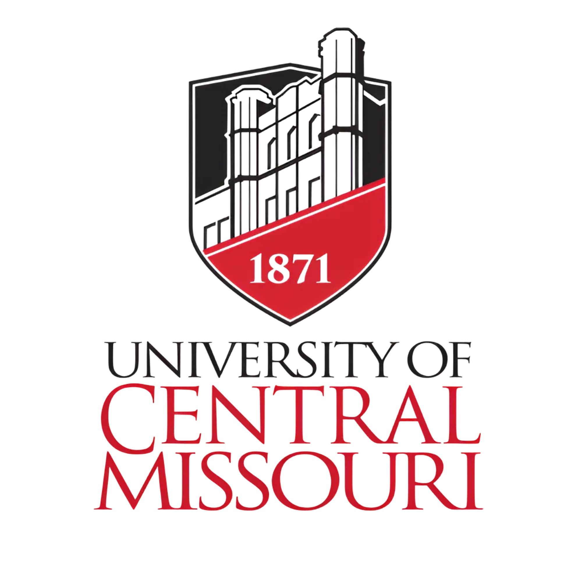 Logo of the University of Central Missouri featuring a black and white illustration of a building and the year 1871, with the university's name in black and red text.