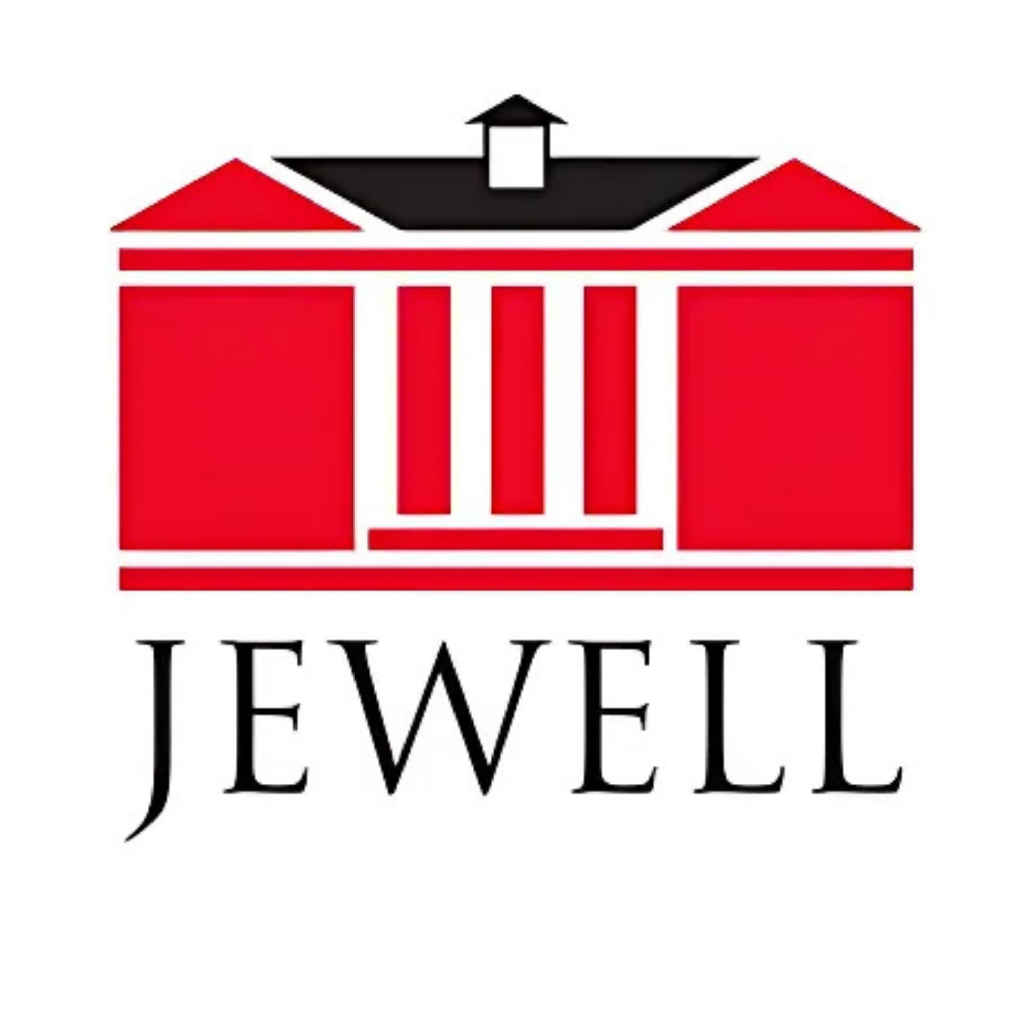 Logo of a stylized red house with white columns and black roof, with the word 'JEWELL' written below in black serif font.