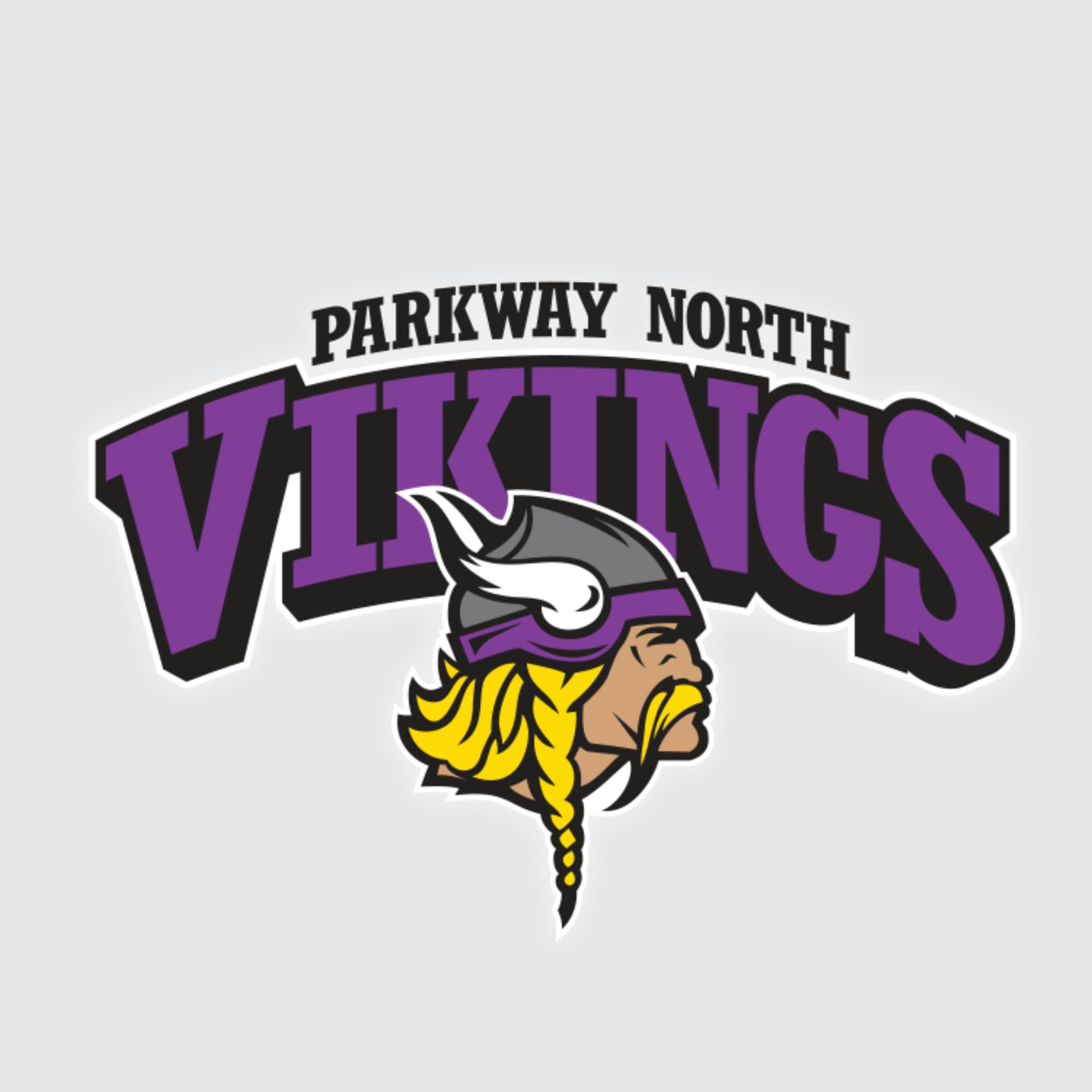 Logo of the Parkway North Vikings with a Viking warrior head wearing a gray helmet with a purple band and horns, and long blonde hair and beard. The text 'Parkway North' in black and 'Vikings' in purple with black outline.