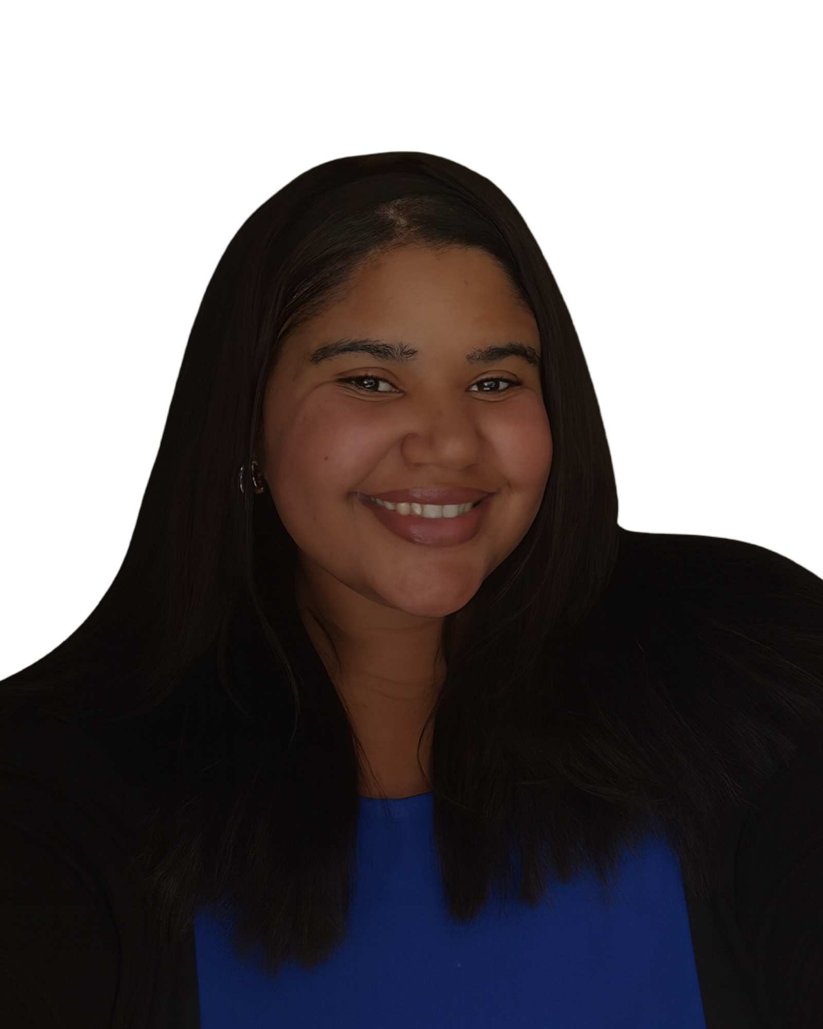 A young woman with medium-length black hair, smiling, wearing a black jacket over a blue top, against a plain white background.