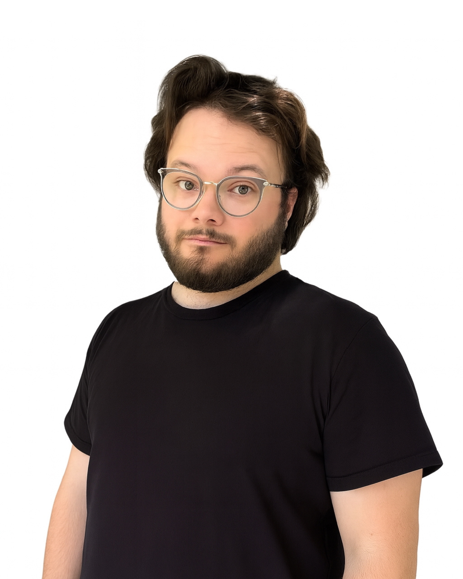 A man with glasses, a beard, and medium-length dark hair wearing a black t-shirt, posing against a plain white background.