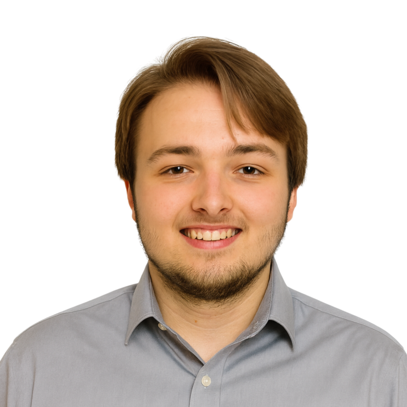 Close-up portrait of a young man with brown hair, light beard, smiling, wearing a light gray button-up shirt, against a white background.