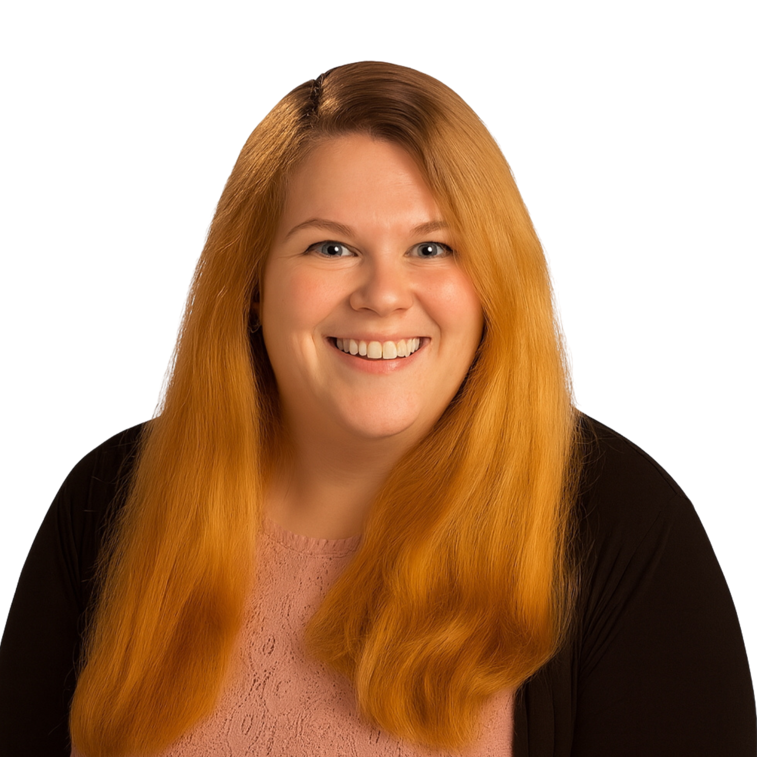 Portrait of a woman with long red hair, blue eyes, and a friendly smile, wearing a pink lace top and a black cardigan, against a white background.