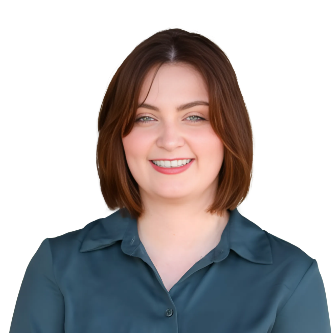 Portrait of a woman with shoulder-length brown hair, smiling, wearing a dark teal button-up shirt, against a white background.