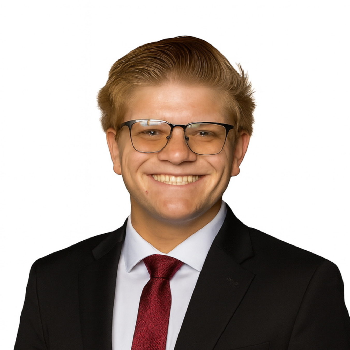 Smiling young man with glasses, dressed in a black suit and red tie, against a white background.