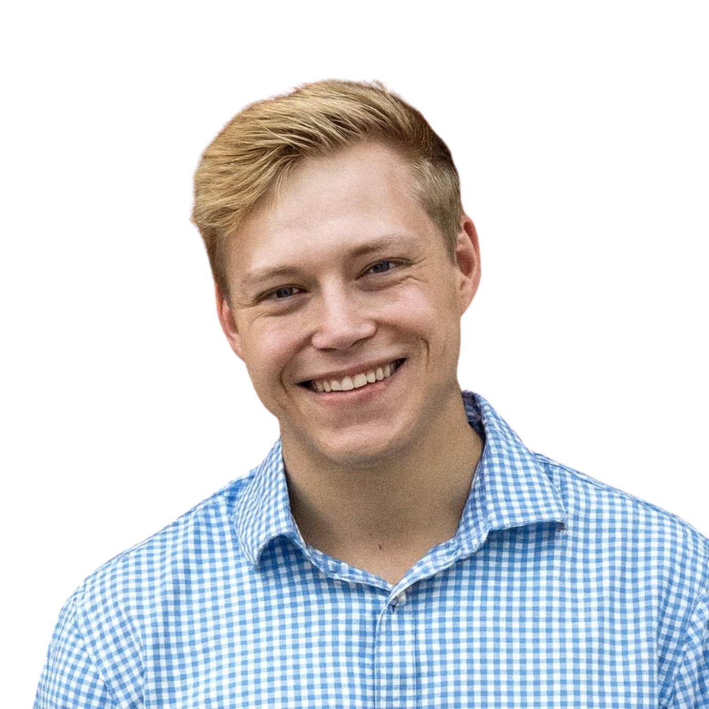 Young man with blonde hair smiling, wearing a blue and white checkered shirt, isolated on white background.